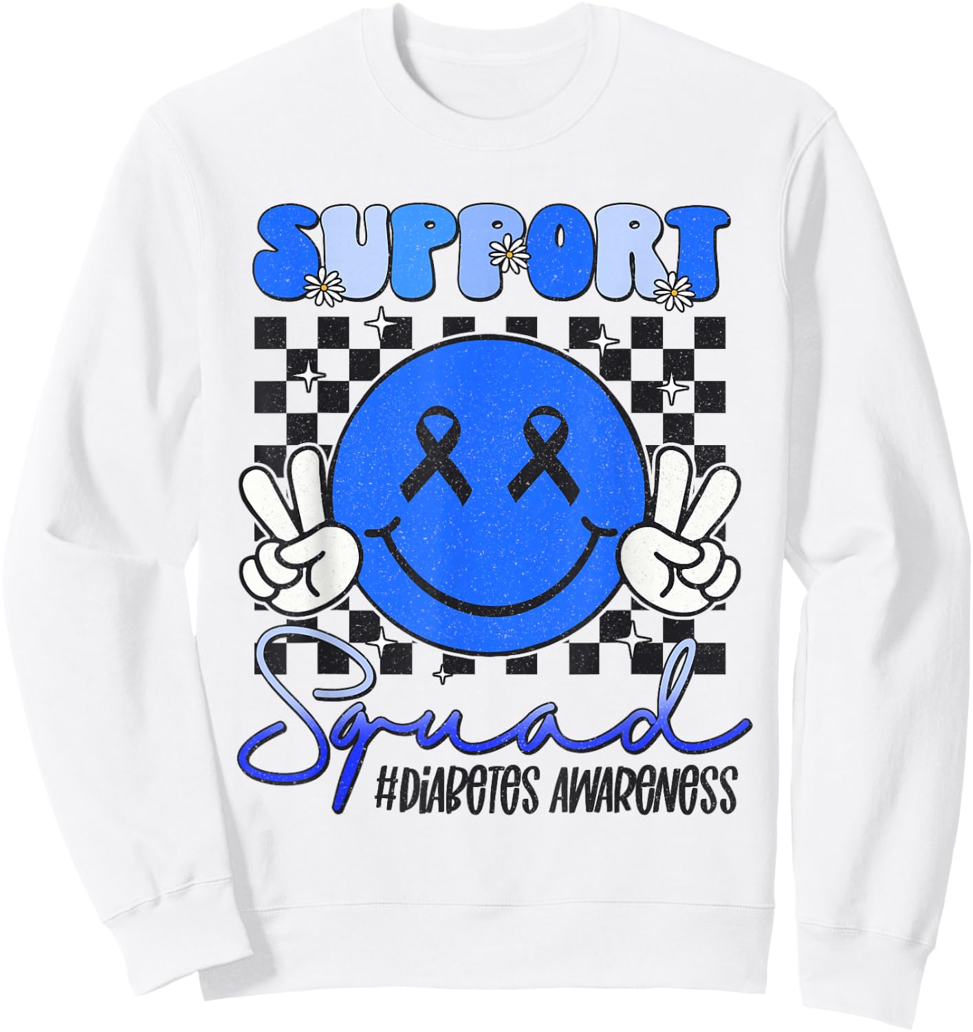 Support Squad Diabetes Awareness Blue Smile Face T1D Type 1 Sweatshirt - Sweatshirt | White
