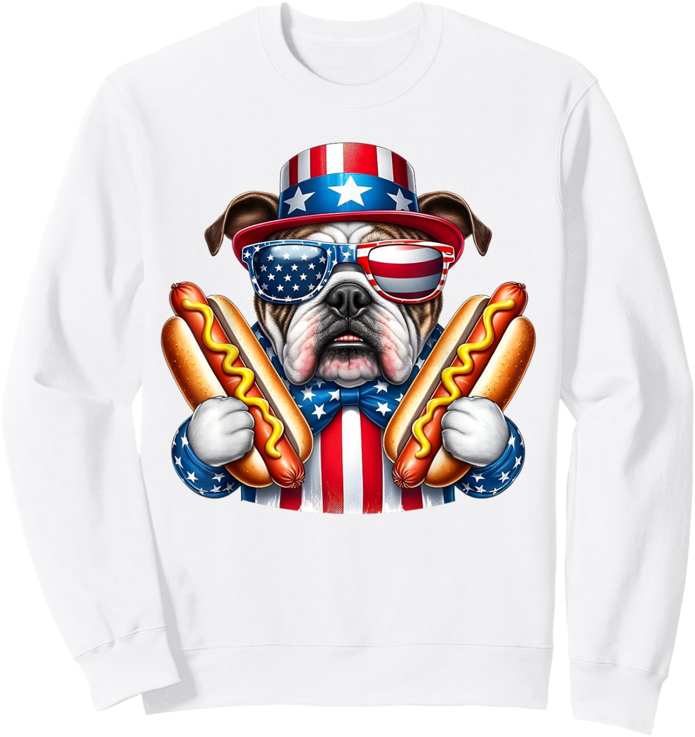 English Bulldog Dog 4th of July Hotdog USA Flag Patriotic Sweatshirt - Sweatshirt | White
