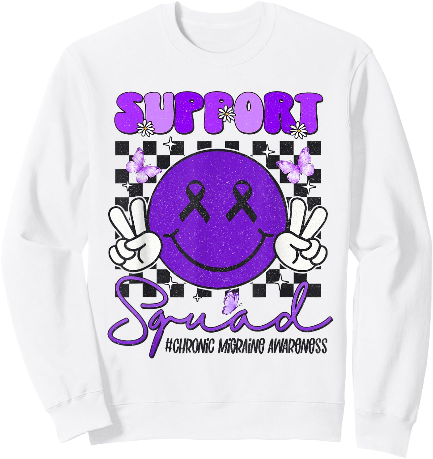Chronic Migraine Awareness Support Smile Face Purple Ribbon Sweatshirt - Sweatshirt | White