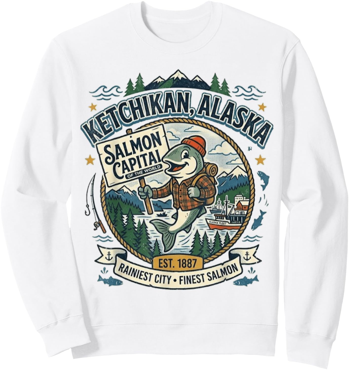 Ketchikan, Alaska - Salmon Capital - Vintage Mascot Logo Sweatshirt - Sweatshirt | White