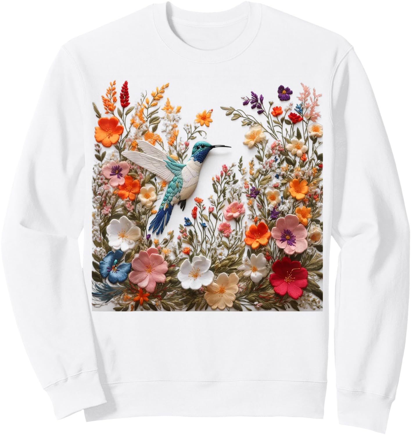 Embroidered Flower Hummingbird Floral Hummingbird in Bloom Sweatshirt - Sweatshirt | White