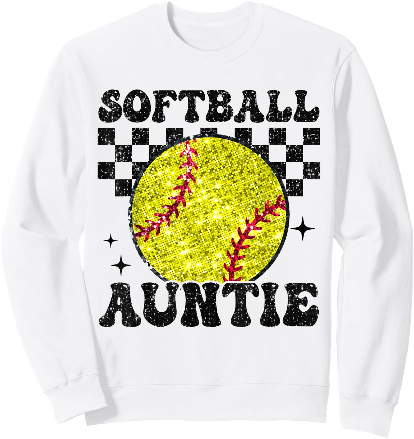 Softball Auntie Checkered Retro Funny Softball Aunt Family Sweatshirt - Sweatshirt | White