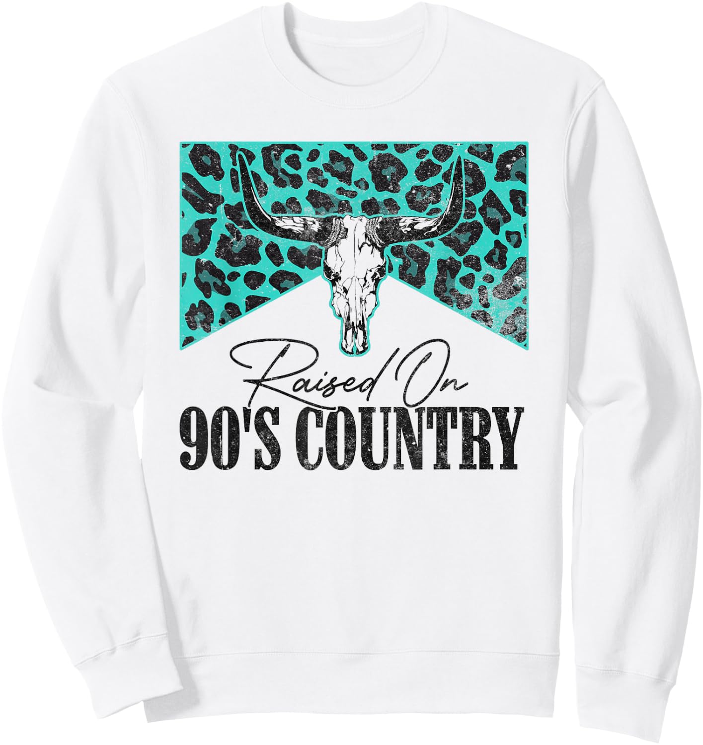 Vintage Leopard Bull Skull Raised On 90's Country Music Sweatshirt - Sweatshirt | White