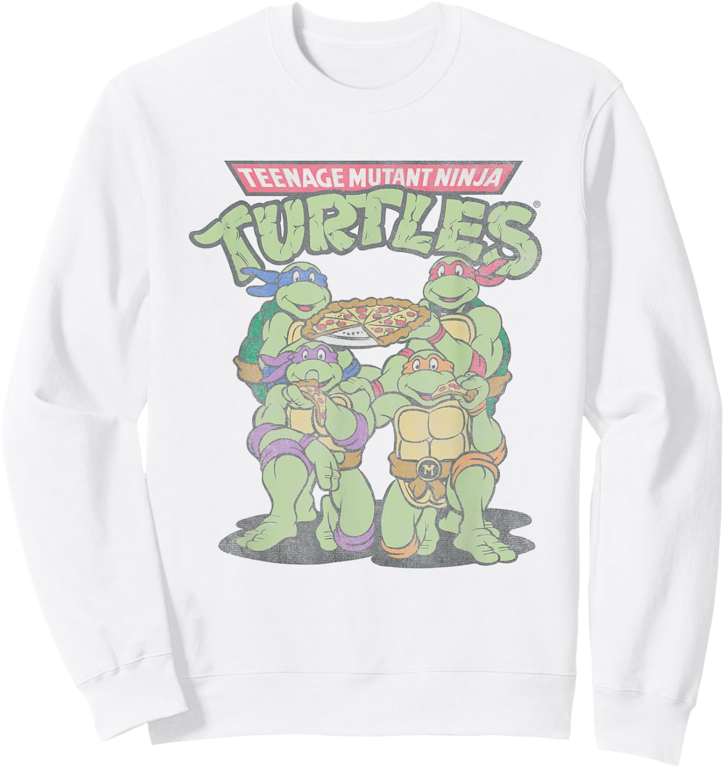 Teenage Mutant Ninja Turtles Eating Pizza Vintage Group Shot Sweatshirt - Sweatshirt | White