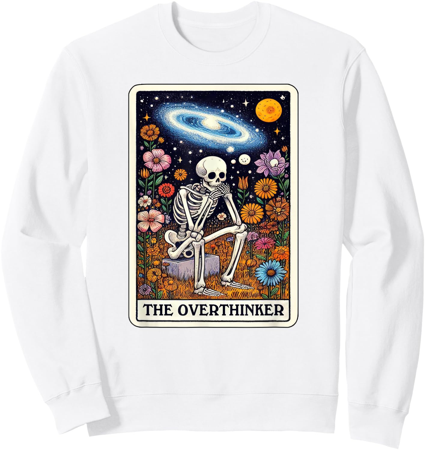 Funny Over Thinker Cool Tarot Card Skeleton Graphic Sweatshirt - Sweatshirt | White