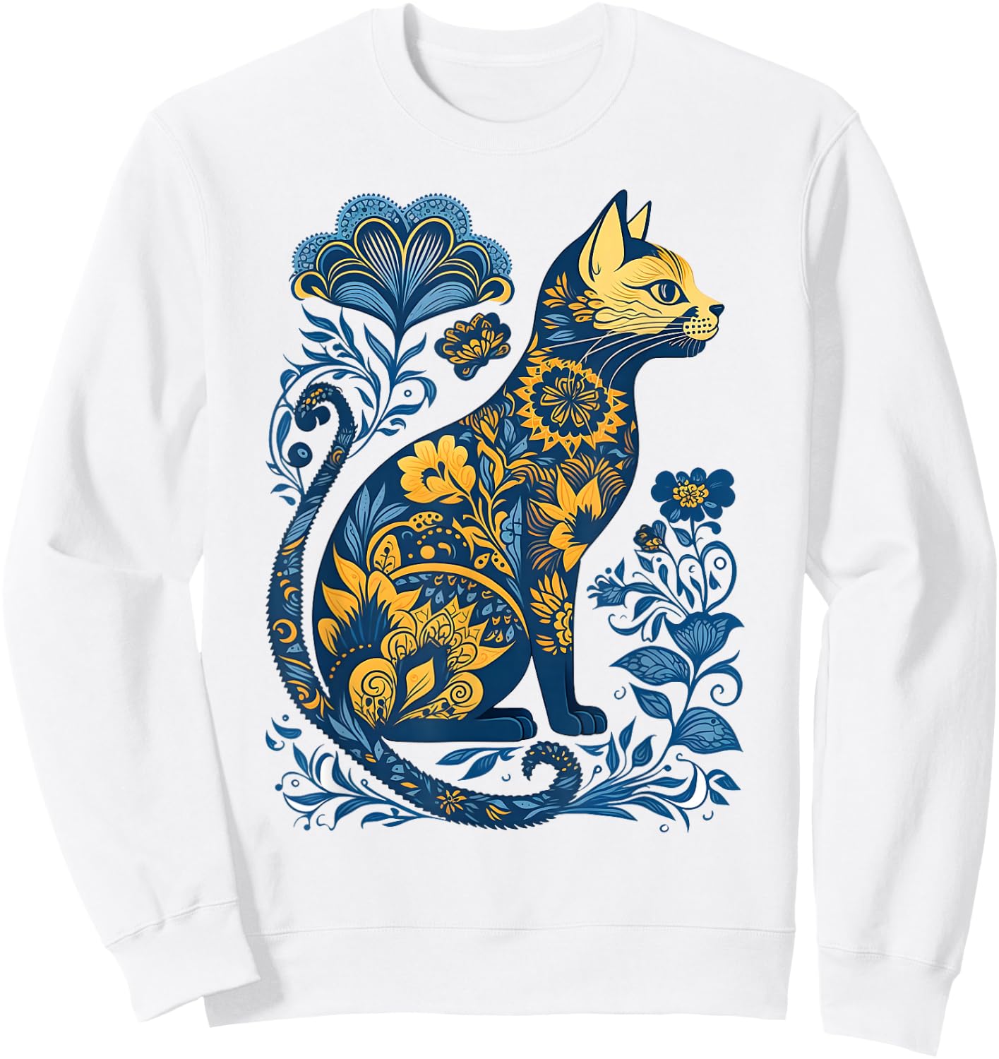 Ukraine Cat Floral Vintage Ukrainian Flag & Vyshyvanka Style Sweatshirt - Sweatshirt | White