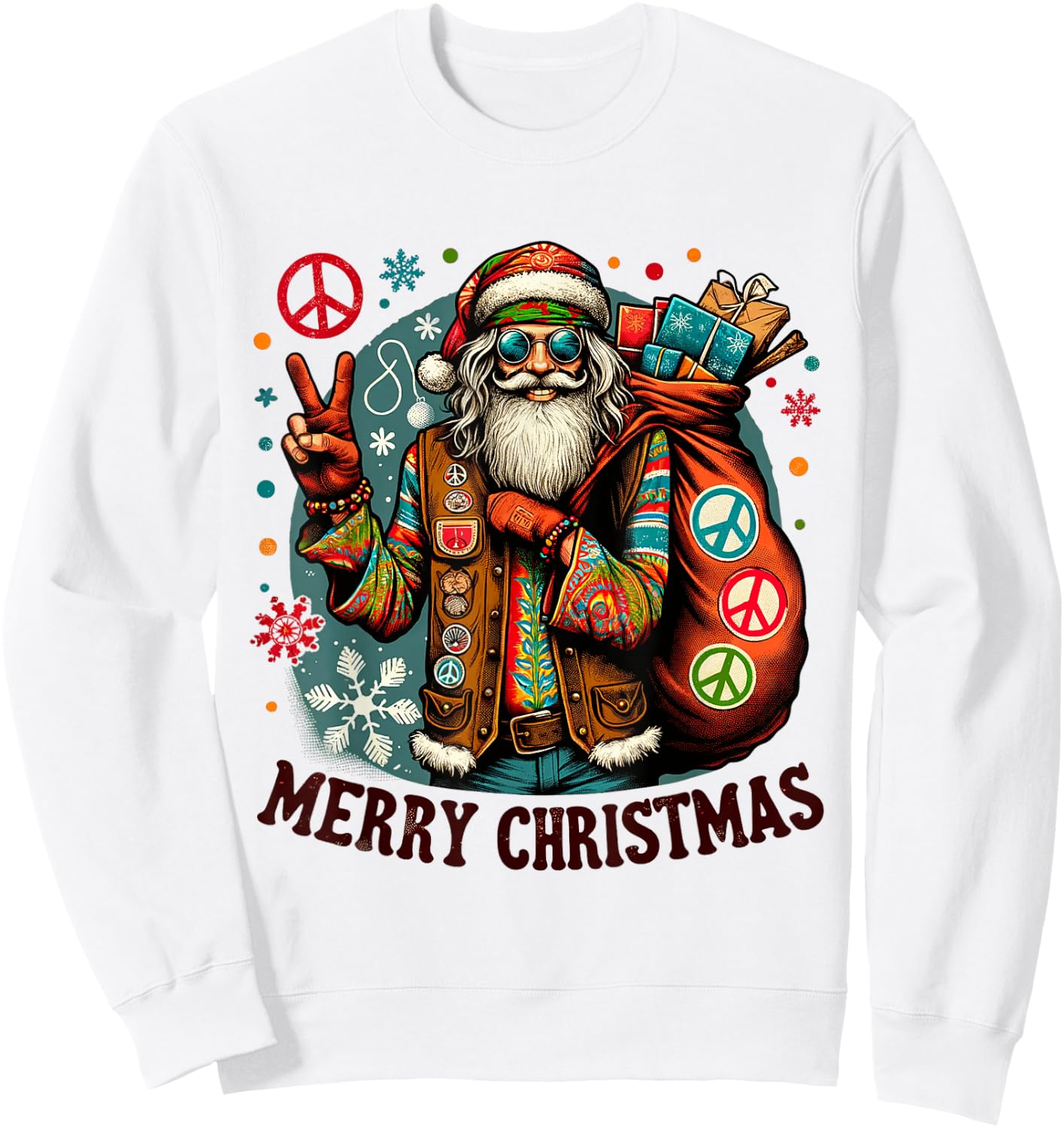 Hippie Santa Claus Christmas Peace Love & Merry X-Mas Winter Sweatshirt - Sweatshirt | White