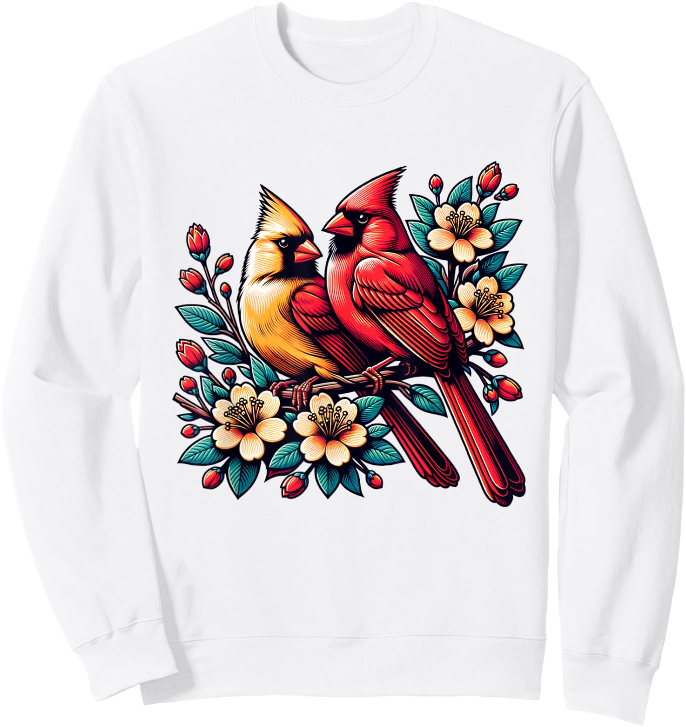 Cute Red Cardinal Couple on Flowering Branch Spring lovers Sweatshirt - Sweatshirt | White