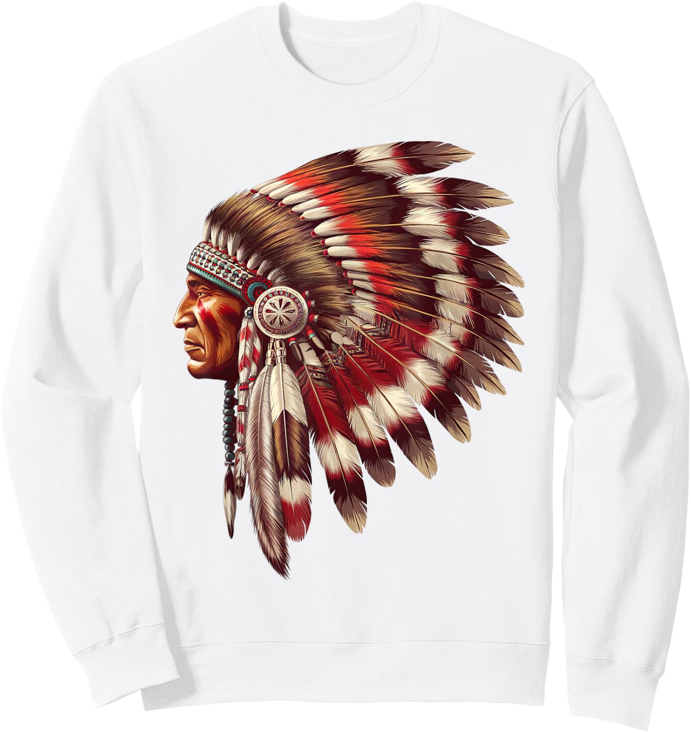 Native American Chief Headdress Intricate Feather Heritage Sweatshirt - Sweatshirt | White