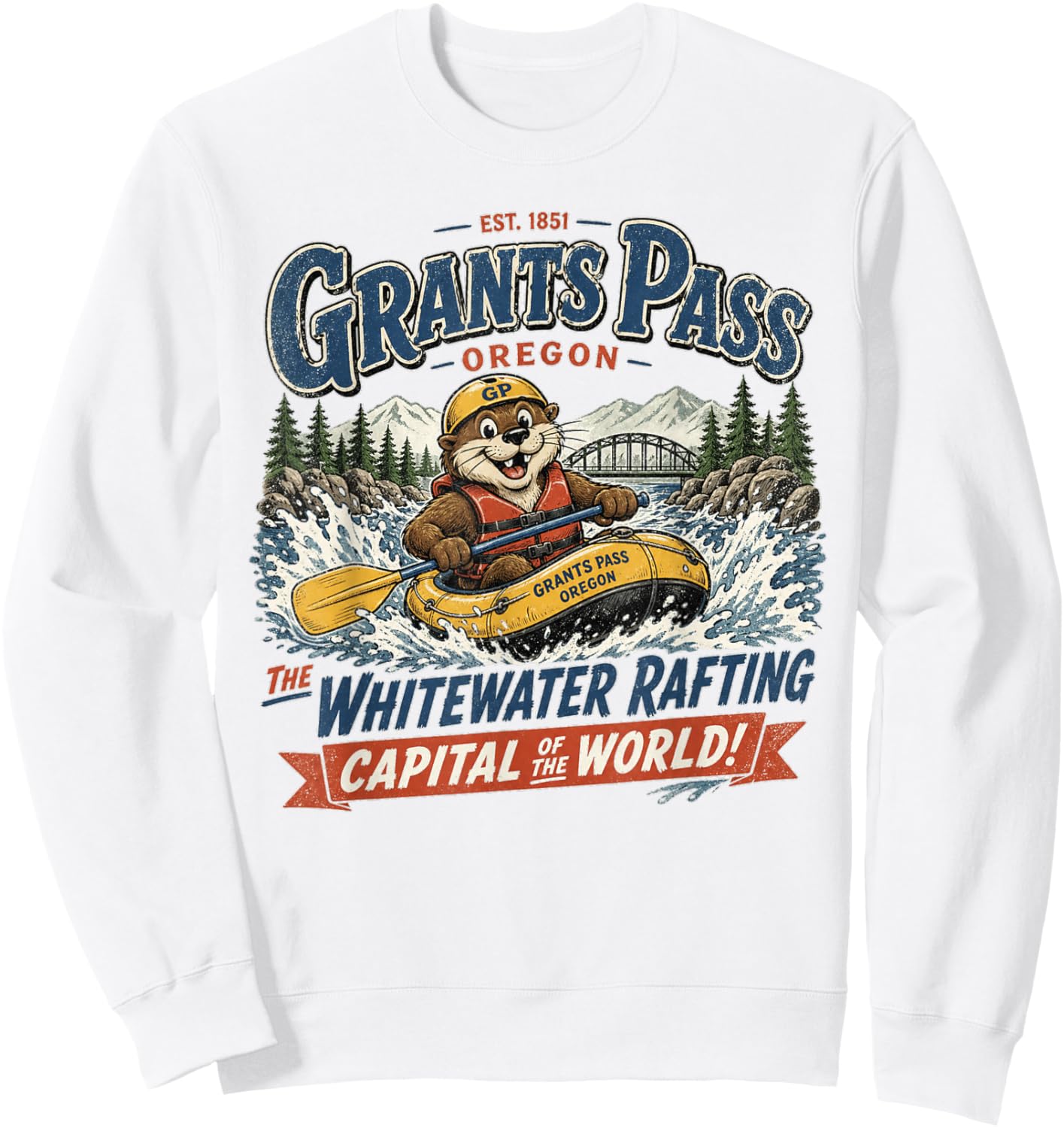 Grants Pass Oregon Whitewater Rafting Capital Vintage Logo Sweatshirt - Sweatshirt | White