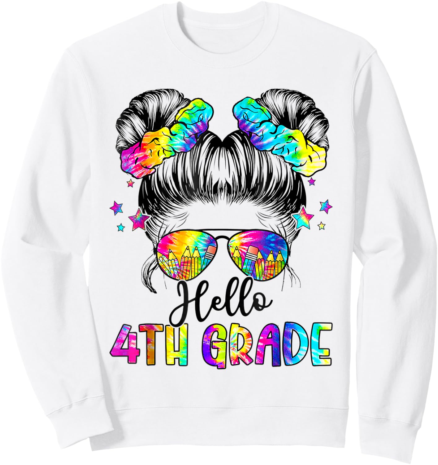 Hello 4th Grade Messy Hair Bun Girl Back To School First Day Sweatshirt - Sweatshirt | White