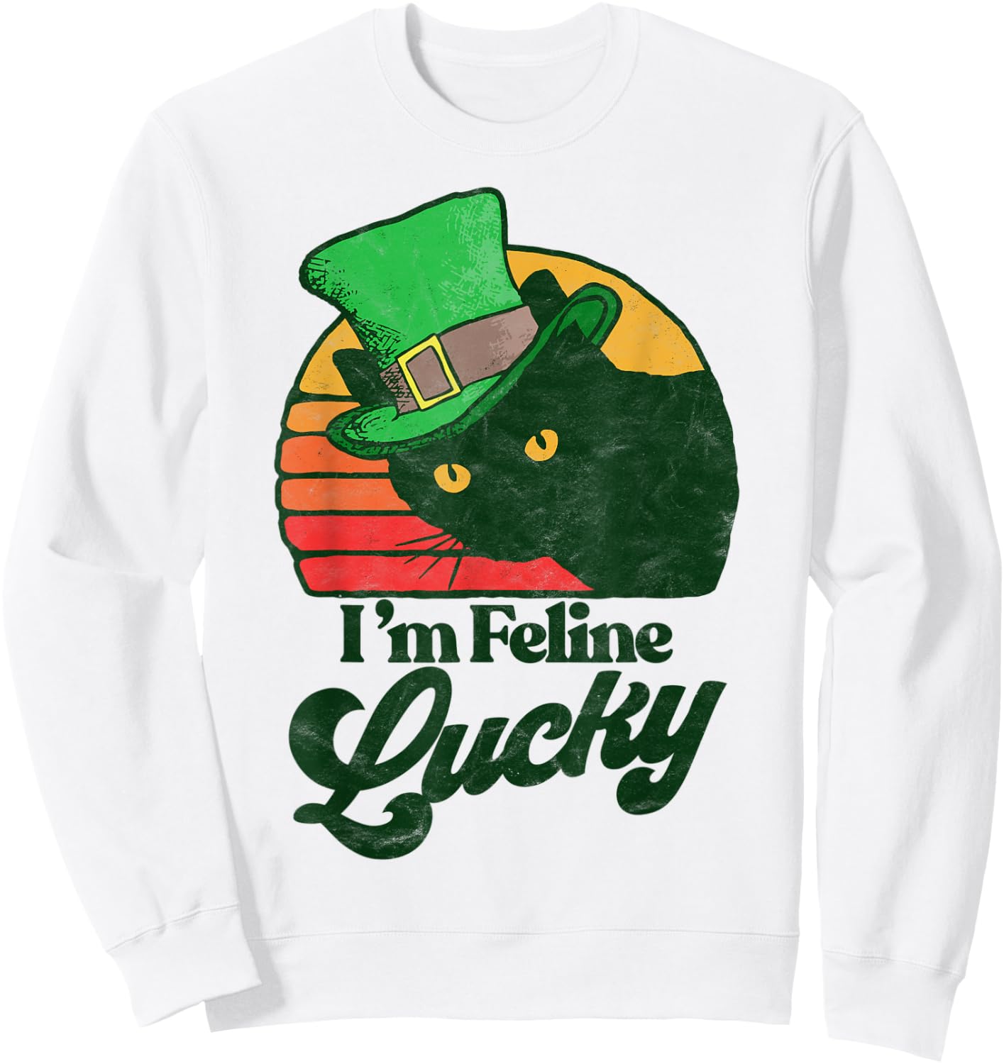 Feline Lucky Vintage St Patricks Day Funny Cat Distressed Women Kids Sweatshirt - Sweatshirt | White