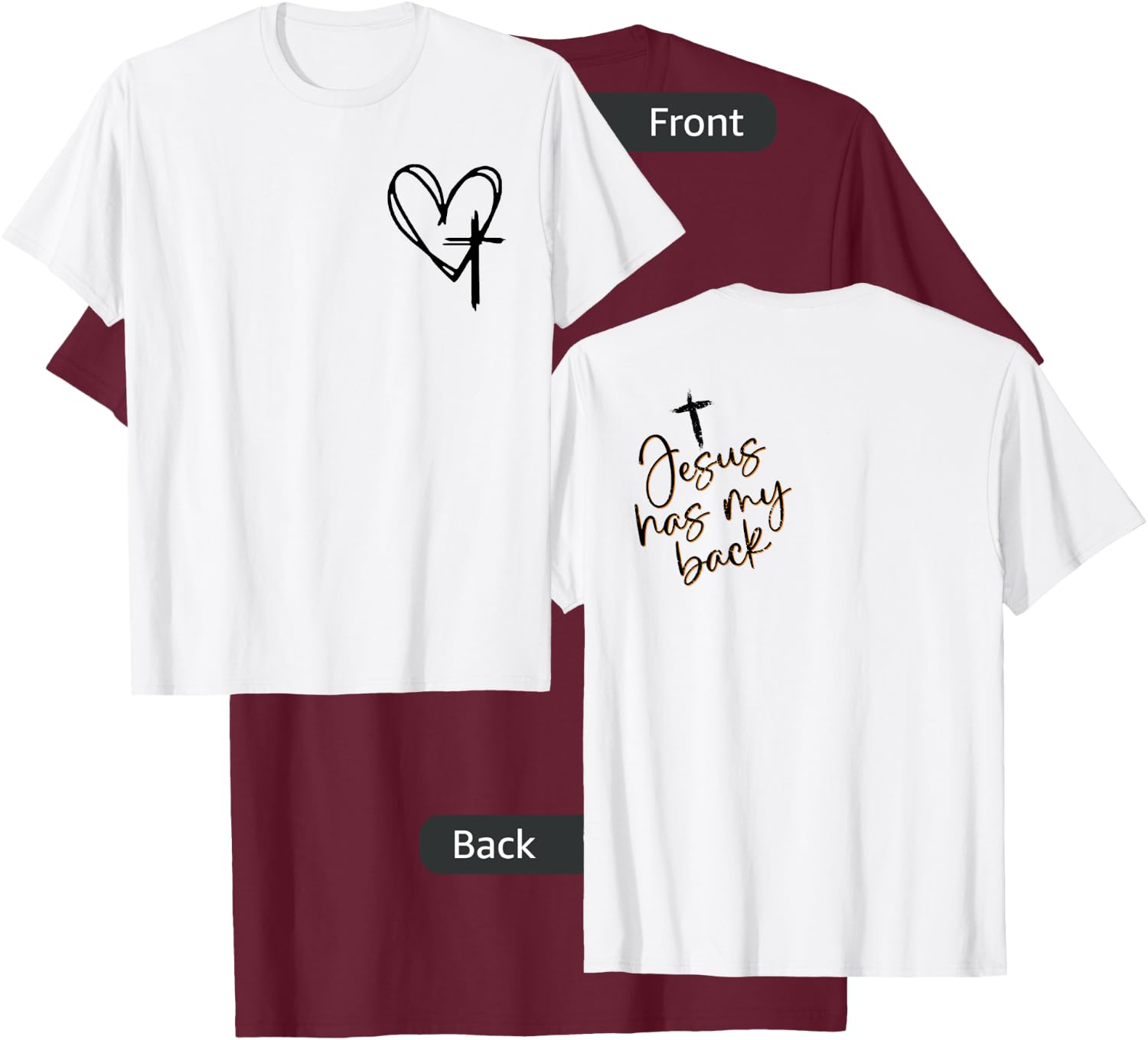 Vintage Christian Cross Heart - Jesus Has My Back T-Shirt - T-Shirt | Maroon