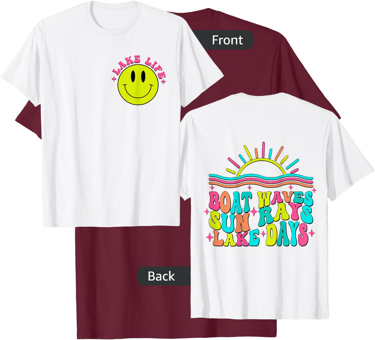 Boat Waves Sun Rays Lake Days Retro Summer vacation on Back T-Shirt - T-Shirt | Maroon