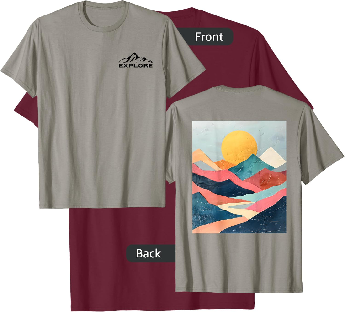 Explore - Mountain Design on Back - Abstract Pastel Colors T-Shirt - T-Shirt | Maroon