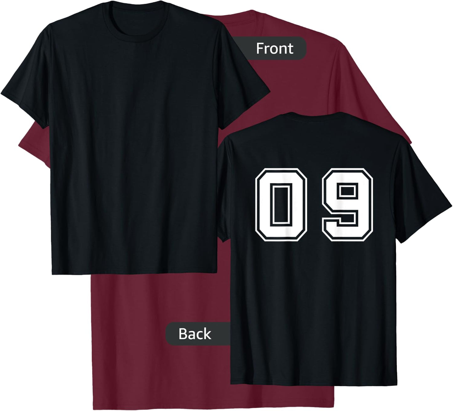 Number 09 Nine Sport Player Team Uniform White Print on Back T-Shirt - T-Shirt | Maroon