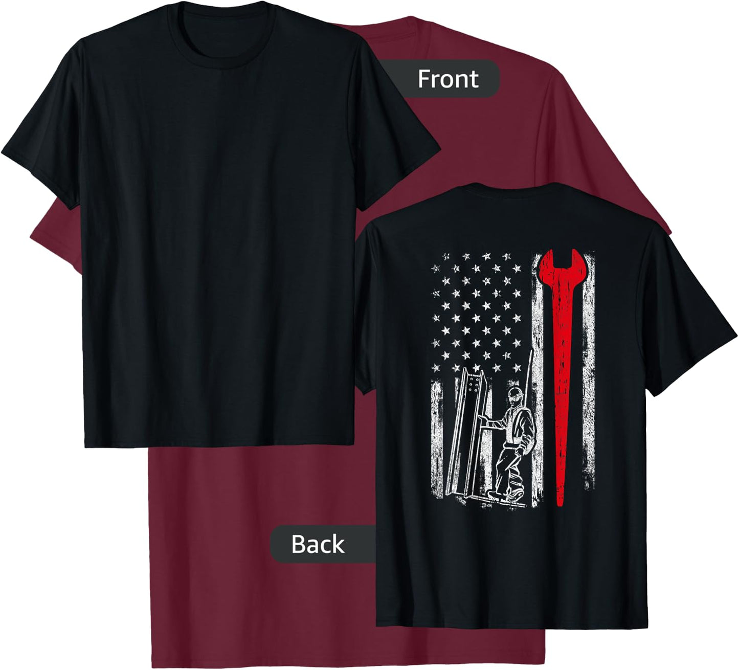 American USA Flag Ironworker Design On Back Vintage Novelty T-Shirt - T-Shirt | Maroon