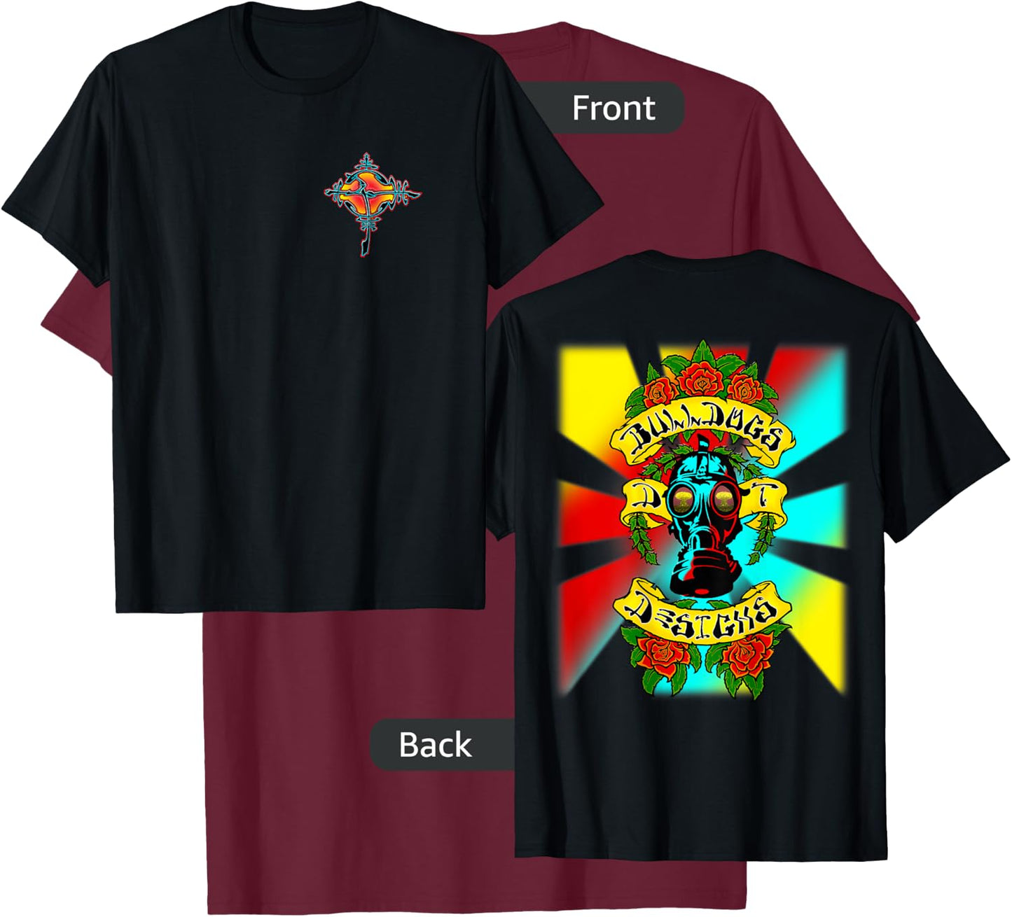 Bulldogs Designs DT Gas Head Roses Skateboard Design T-Shirt - T-Shirt | Maroon