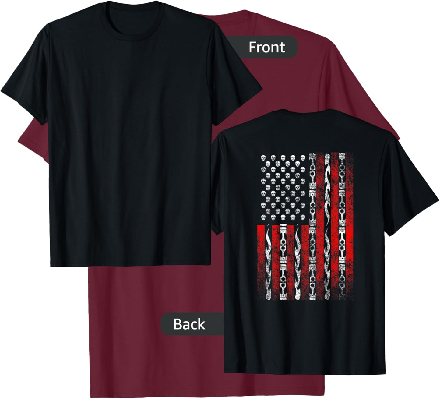 Patriotic Biker Back Print Shirt Skull Flame Motorcycle T-Shirt - T-Shirt | Maroon