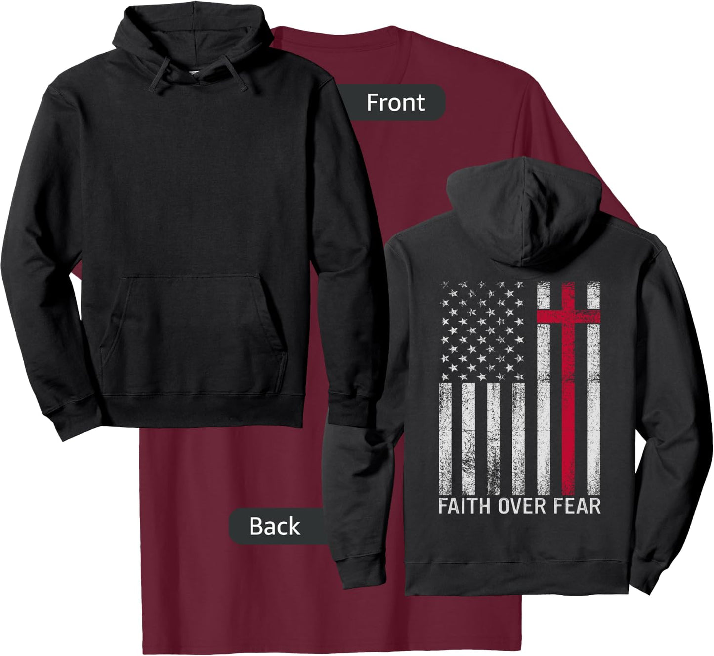 Faith Over Fear Christian Cross American USA Flag (ON BACK) T-Shirt - T-Shirt | Maroon