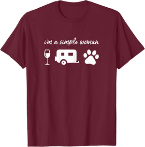 I'm A Simple Woman Wine Camping Dog Paw Shirt Funny Cute T-Shirt - T-Shirt | Maroon