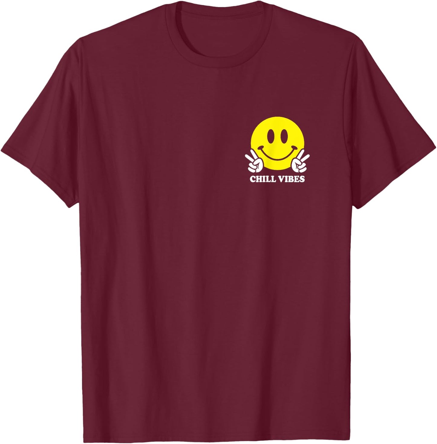 Chill Vibes 70s Yellow Smile Face Cute Peace Hand Happy Face T-Shirt - T-Shirt | Maroon