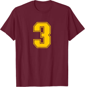 Number #3 Yellow Sports Fan Jersey Number T-Shirt - T-Shirt | Maroon