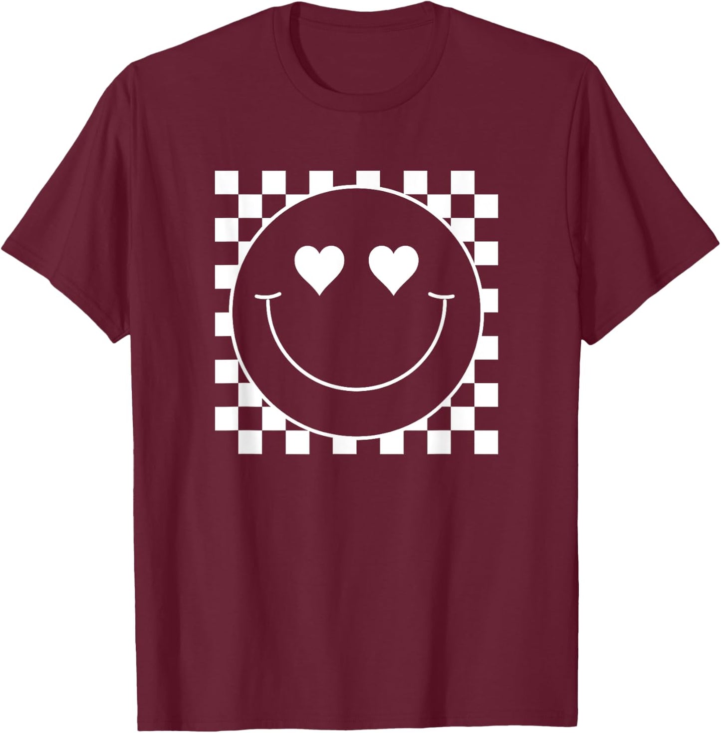 White Checkered 80s Heart Eyes Smile Face Shirt Happy Face T-Shirt - T-Shirt | Maroon
