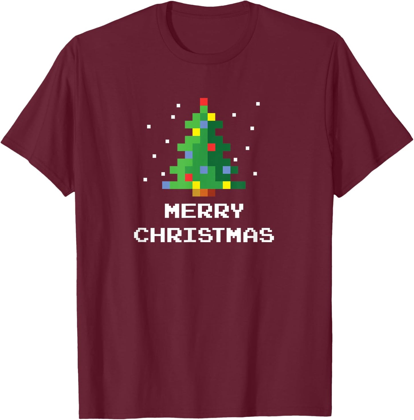 Merry Christmas Pixel Art 8-Bit Video Game Christmas Tree T-Shirt - T-Shirt | Maroon