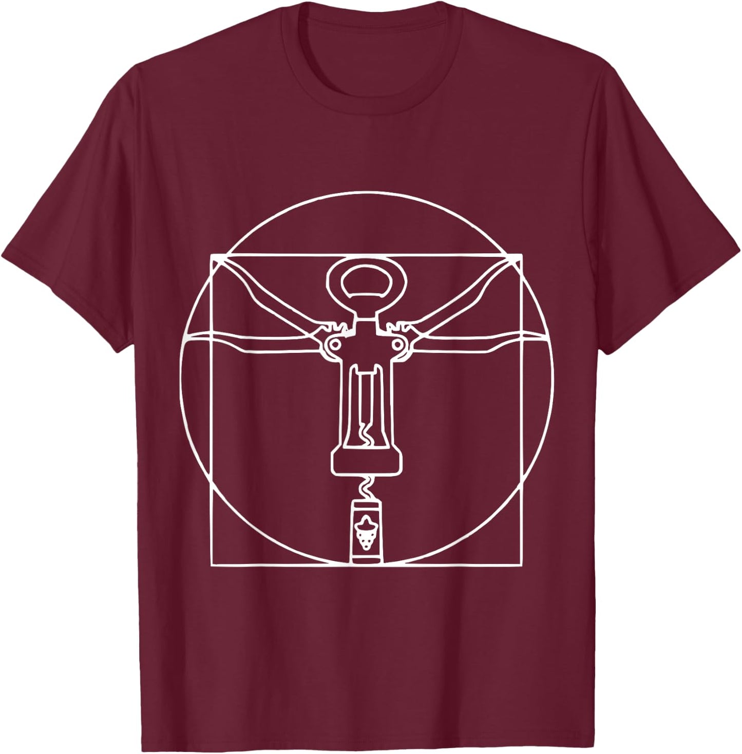 Vitruvian man wine cork screw Leonardo Da Vinci T-Shirt - T-Shirt | Maroon