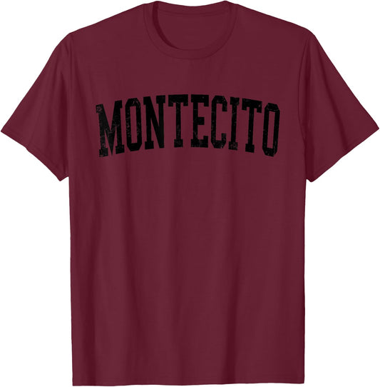 Vintage Montecito CA Distressed Black Varsity Style T-Shirt - T-Shirt | Maroon