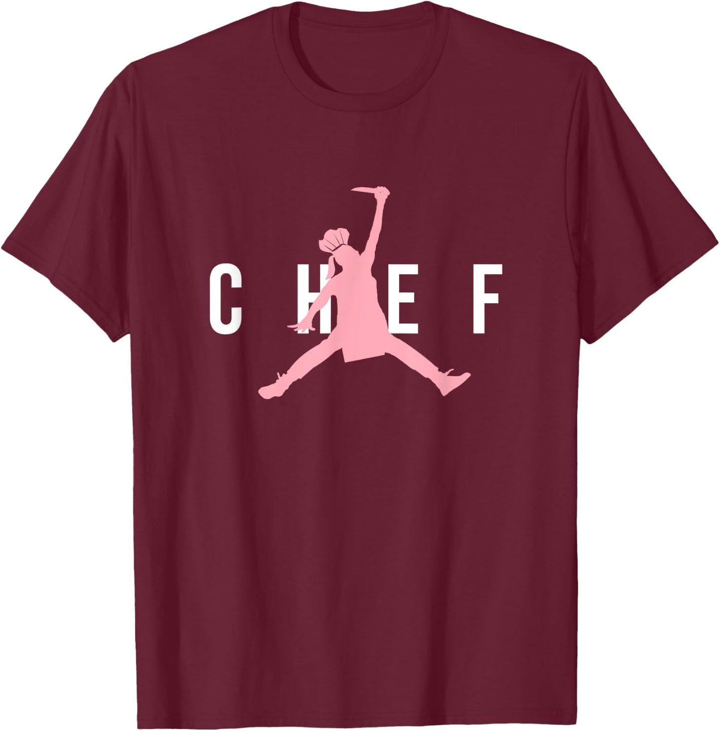 Funny Restaurant Chef - Jumping Chef Knife Woman Pink Logo T-Shirt - T-Shirt | Maroon