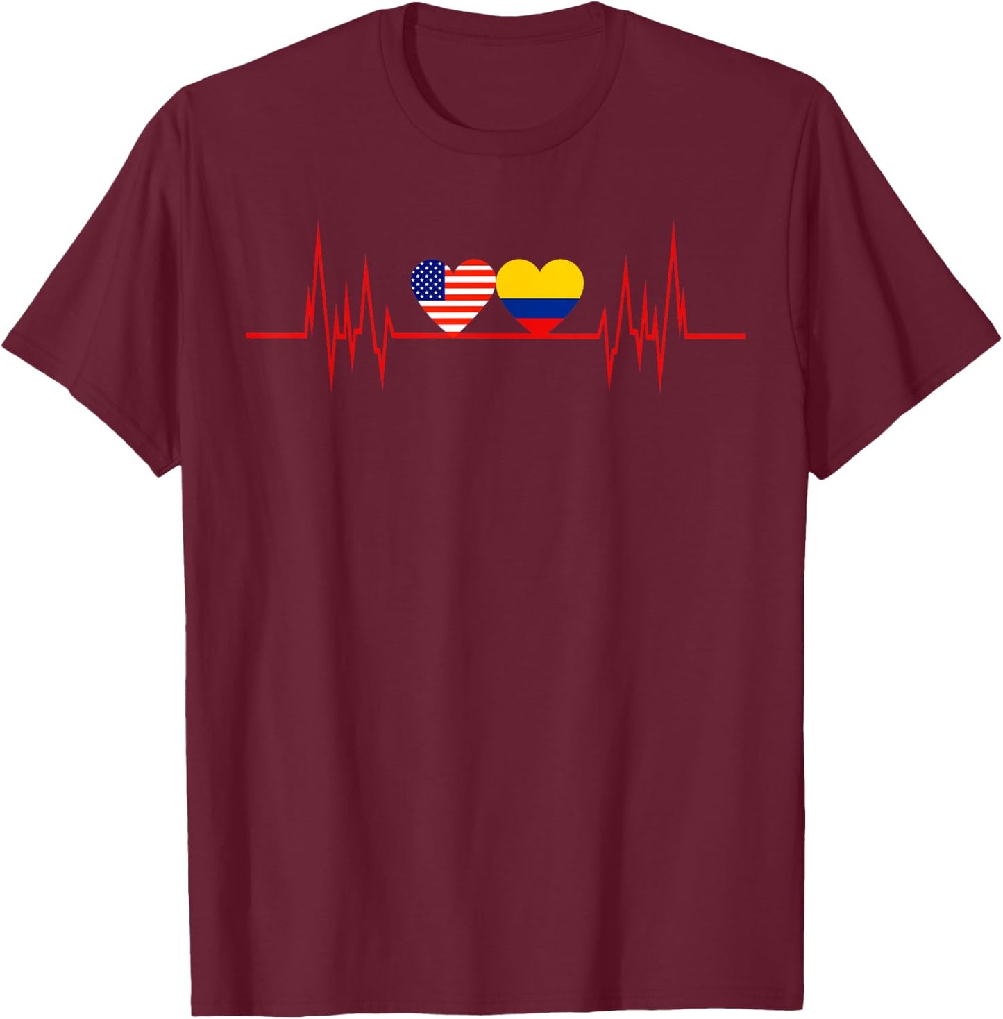 USA Colombia Heartbeat America Colombian Flag Heart T-Shirt - T-Shirt | Maroon