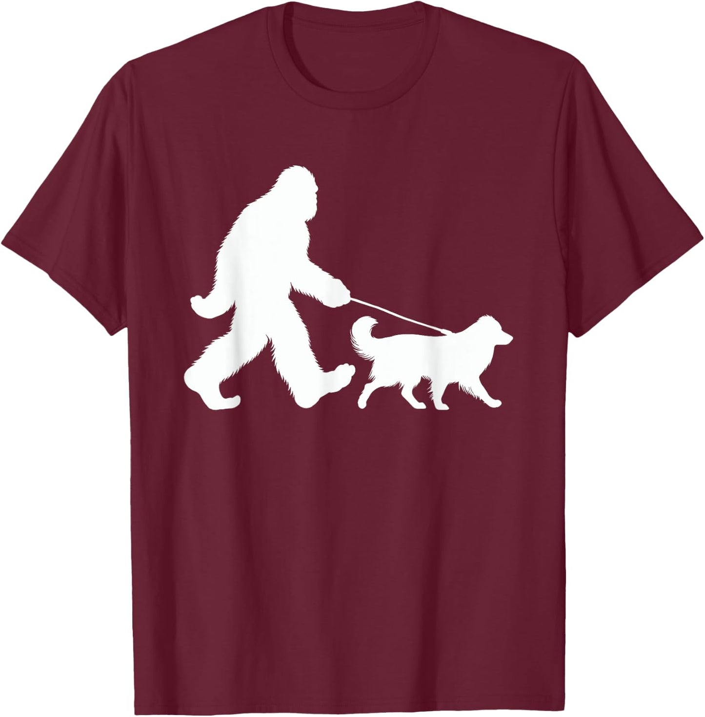 Bigfoot Walking a Dog Funny Australian Shepherd Lovers T-Shirt - T-Shirt | Maroon