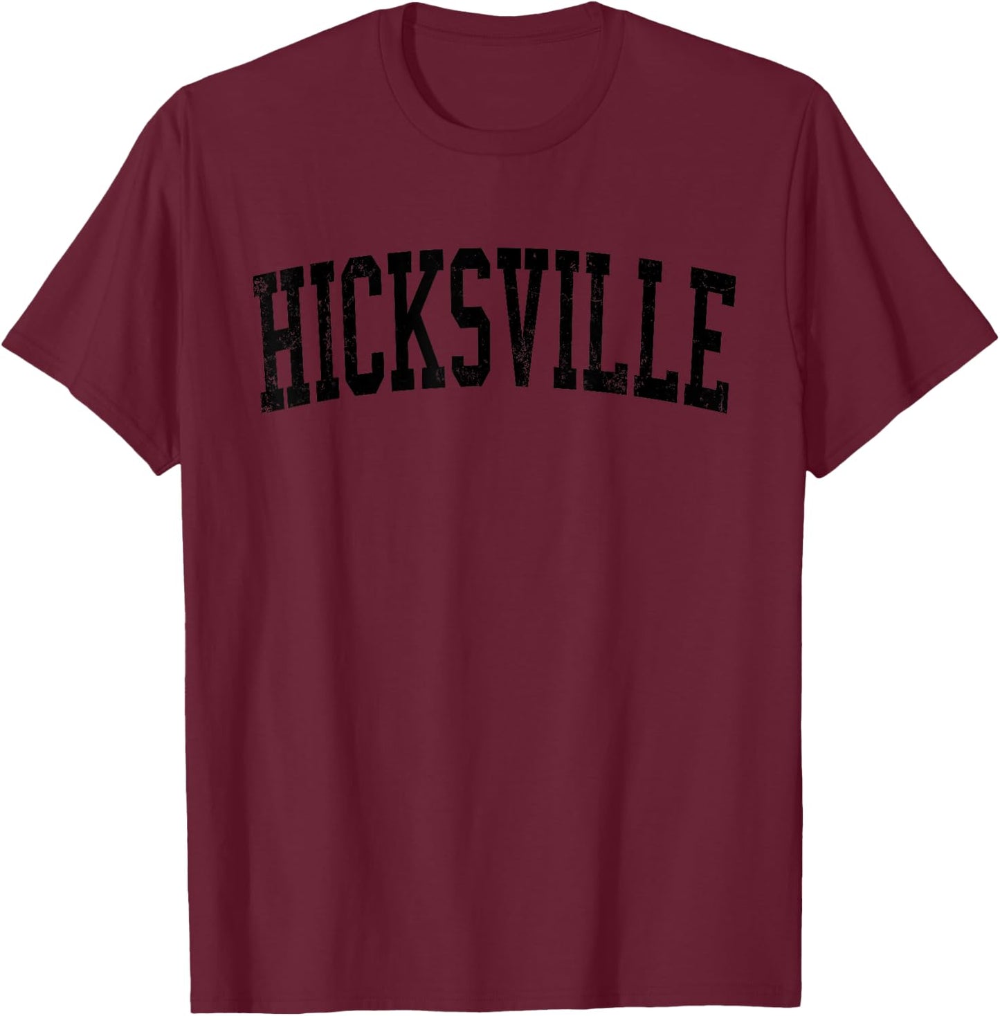 Vintage Hicksville NY Distressed Black Varsity Style T-Shirt - T-Shirt | Maroon