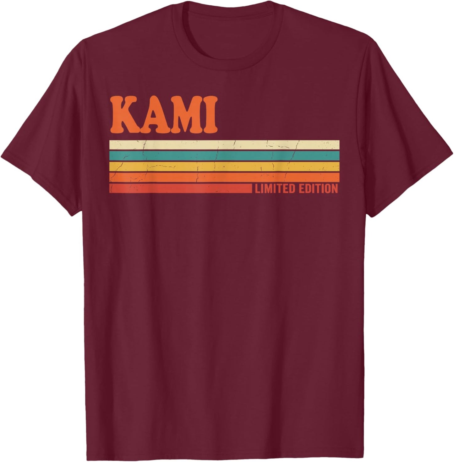 KAMI Retro Personalized First Name Vintage Stripes T-Shirt - T-Shirt | Maroon