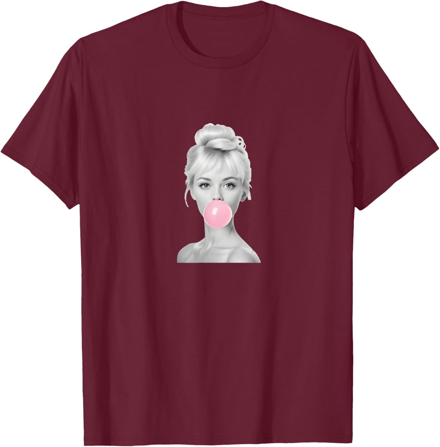 Woman with chewing gum beautiful woman blowing gum bubble T-Shirt - T-Shirt | Maroon