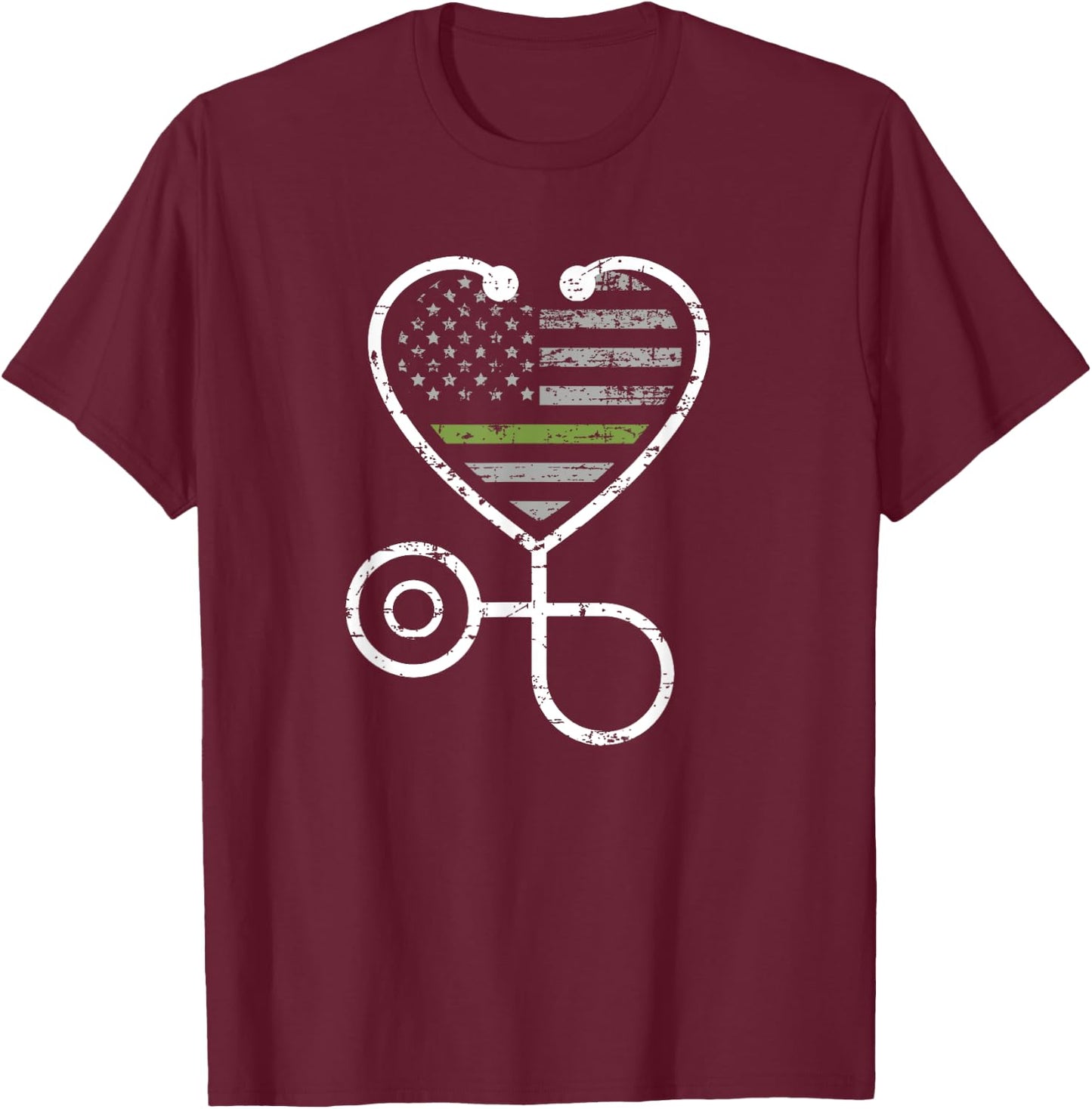 Thin Green Line Stethoscope Heart Military Nurse T-Shirt - T-Shirt | Maroon