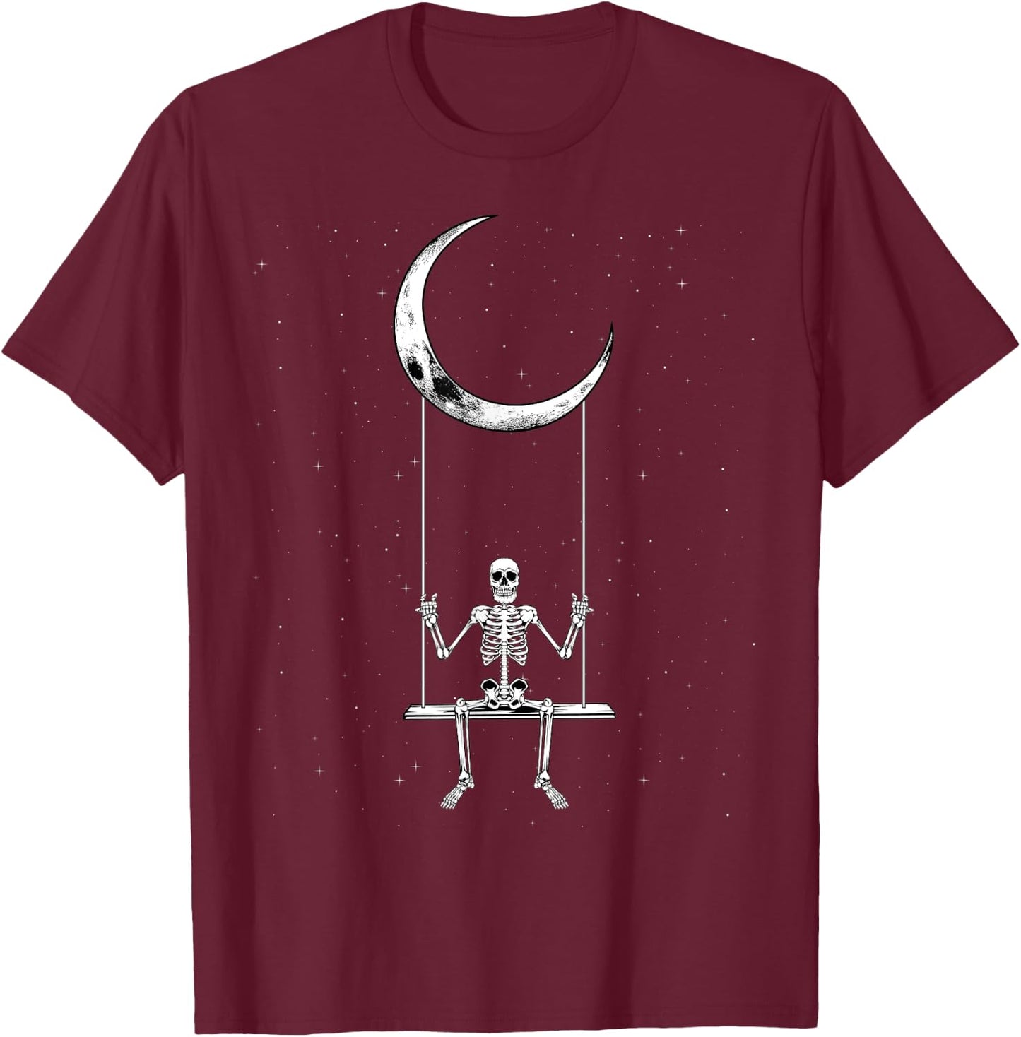 Skeleton On Moon Swing Halloween Rock Concerts Band Design T-Shirt - T-Shirt | Maroon