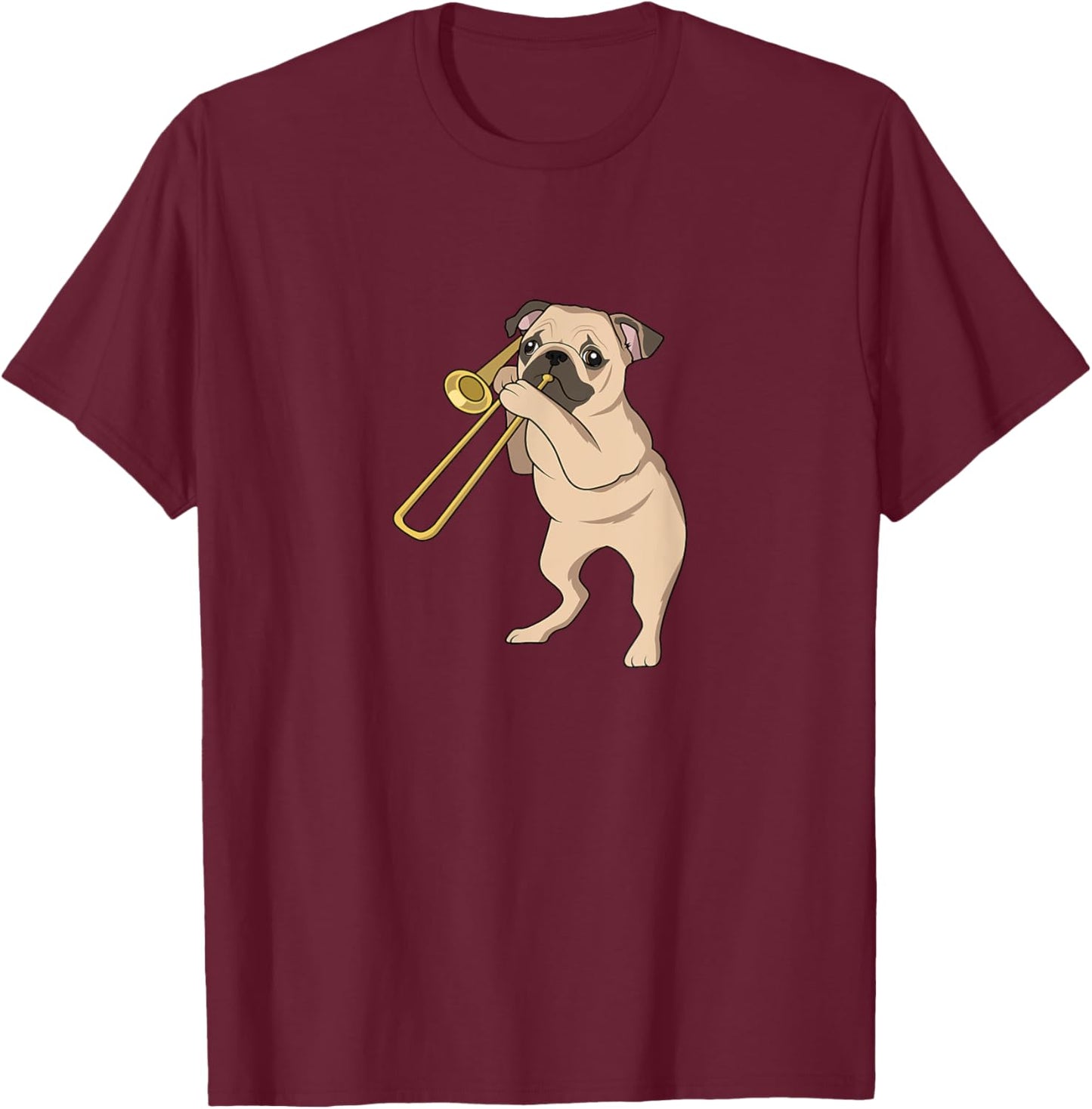 Pug Dog Playing Trombone For Brass Players and Dog Lovers T-Shirt - T-Shirt | Maroon
