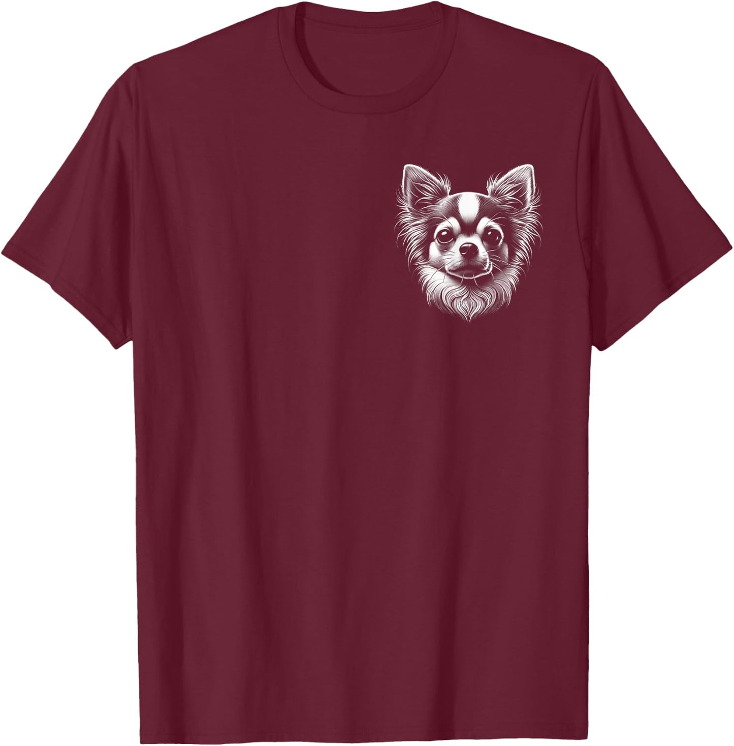 Cute Chihuahua Elegant Black and White Portrait on Chest T-Shirt - T-Shirt | Maroon