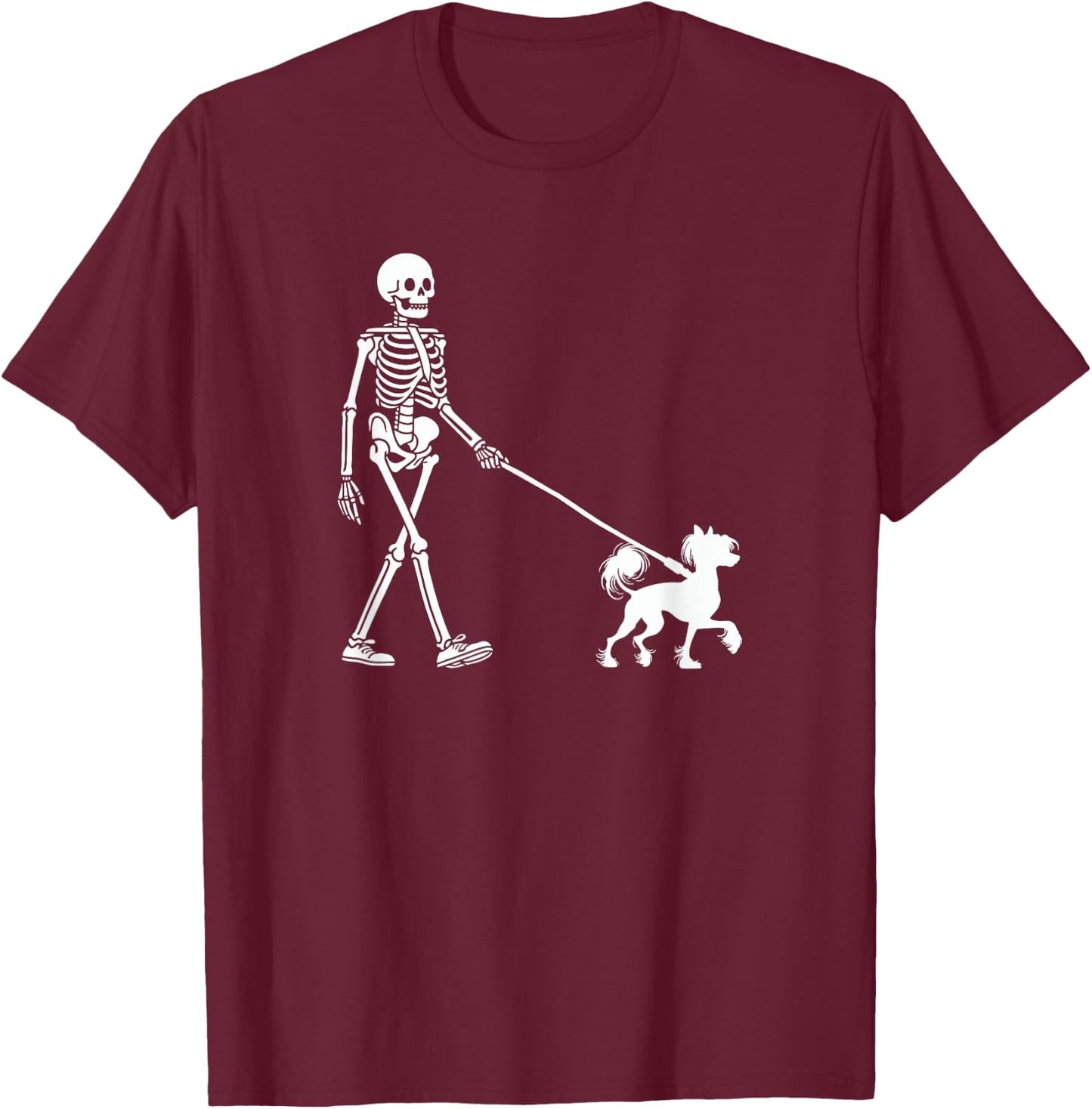 Skeleton Walking a Dog Chinese Crested Dog Halloween Outfit T-Shirt - T-Shirt | Maroon
