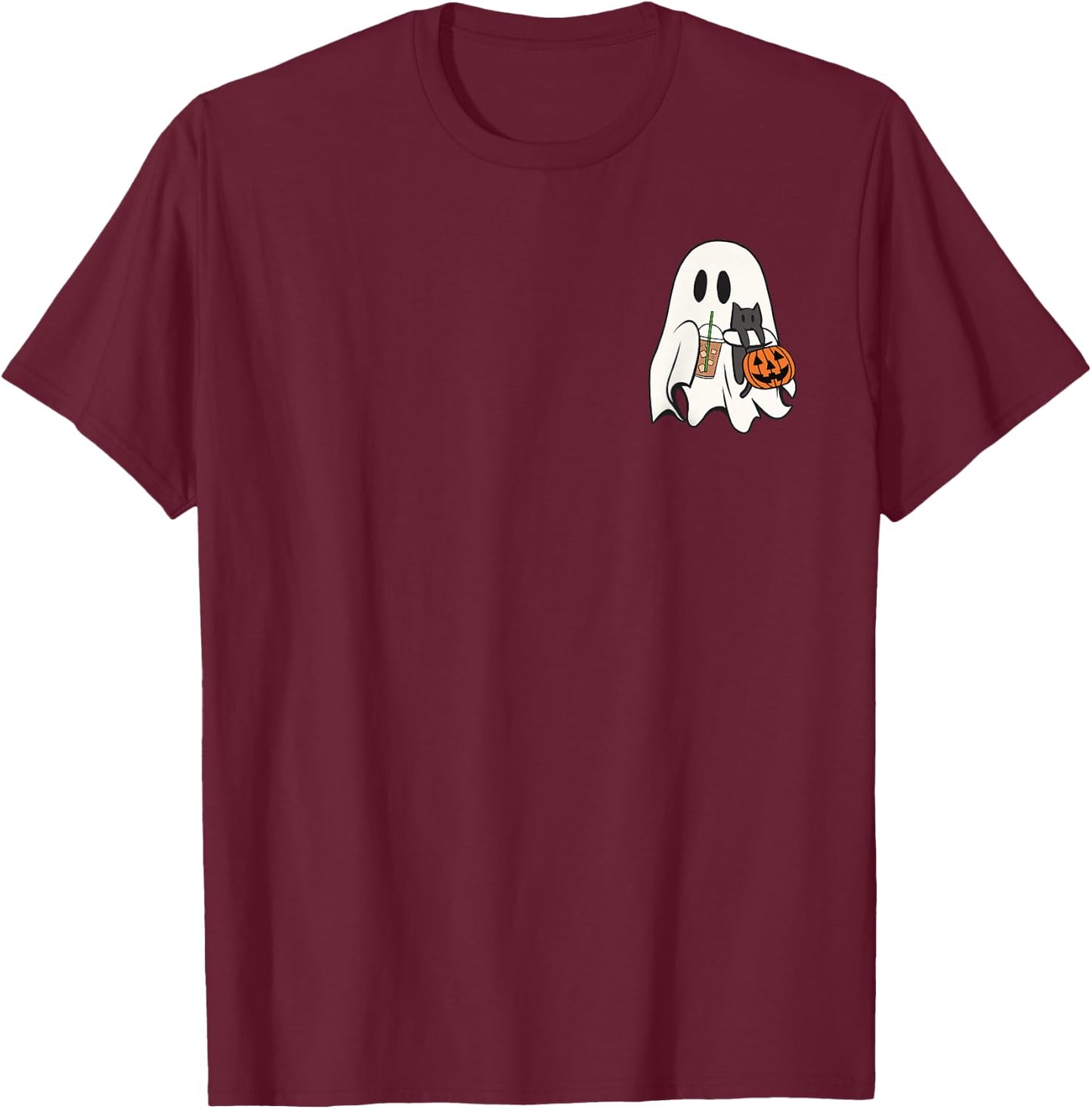 Cute Ghost Cat Iced Coffee Spooky Season Halloween Costume T-Shirt - T-Shirt | Maroon