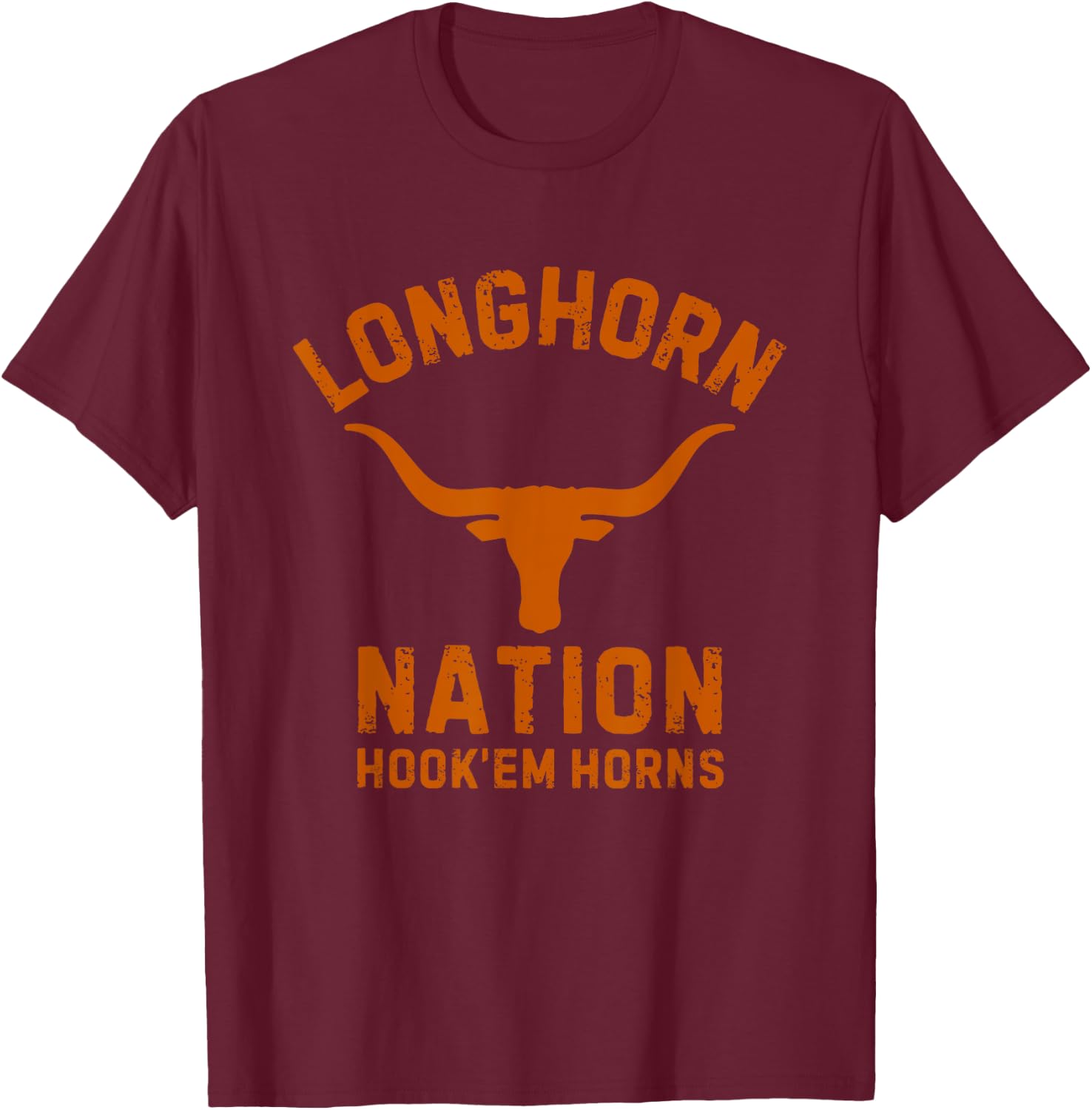 Longhorn Nation Hook'em Horns Orange distressed text T-Shirt - T-Shirt | Maroon
