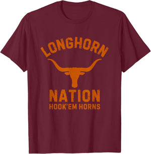 Longhorn Nation Hook'em Horns Orange distressed text T-Shirt - T-Shirt | Maroon