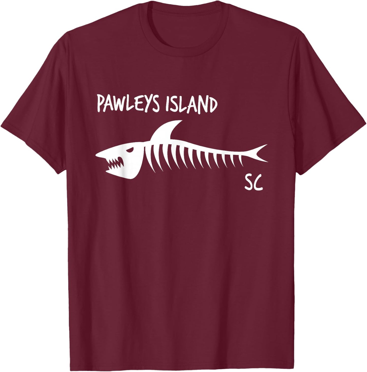 Pawleys Island SC Shark Skeleton White Print T-Shirt - T-Shirt | Maroon