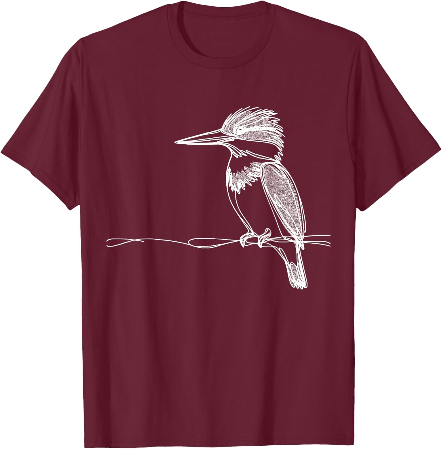 Line Art Bird & Ornithologist Belted Kingfisher T-Shirt - T-Shirt | Maroon
