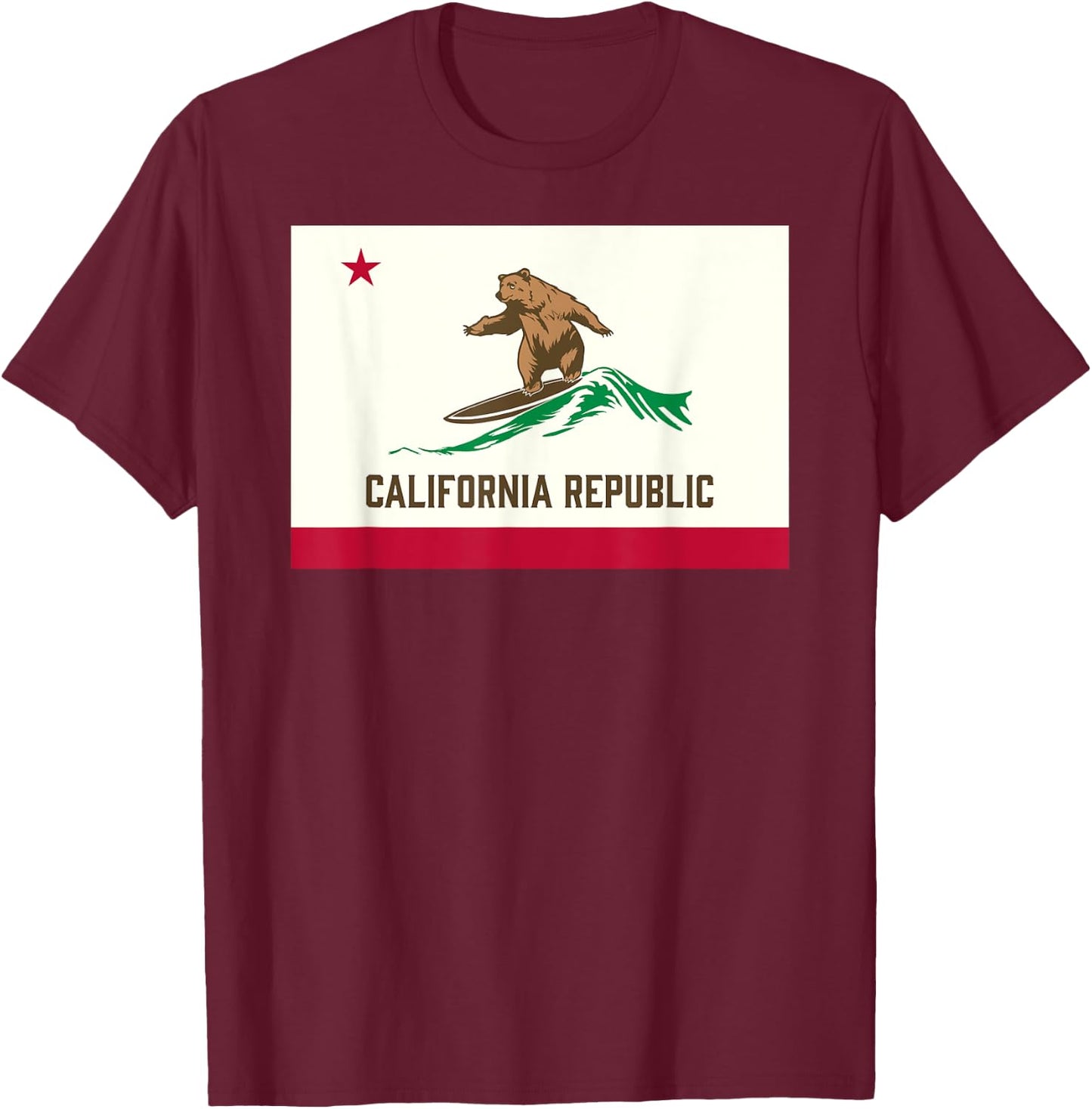 California Republic Bear Surfing-State Flag Inspired Design T-Shirt - T-Shirt | Maroon