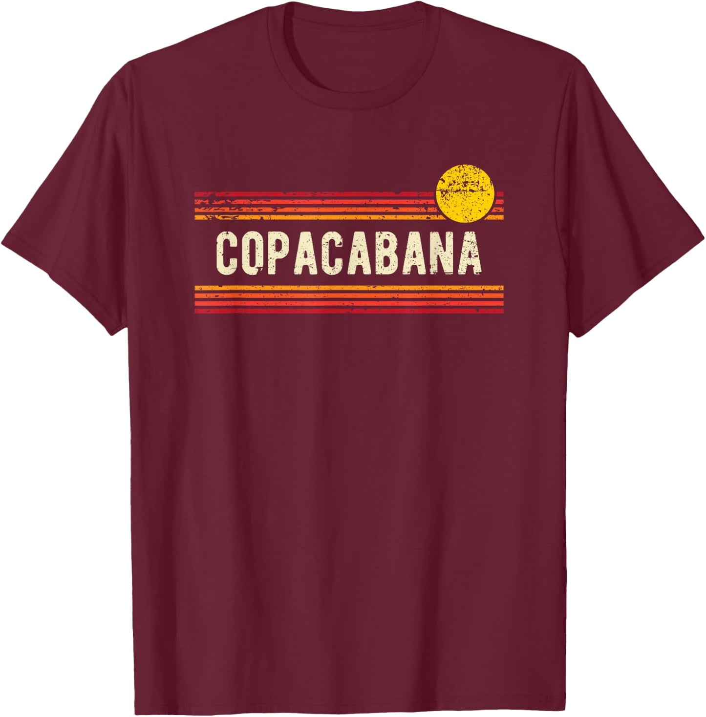 Copacabana Rio de Janeiro Retro Distressed Sunset Design T-Shirt - T-Shirt | Maroon