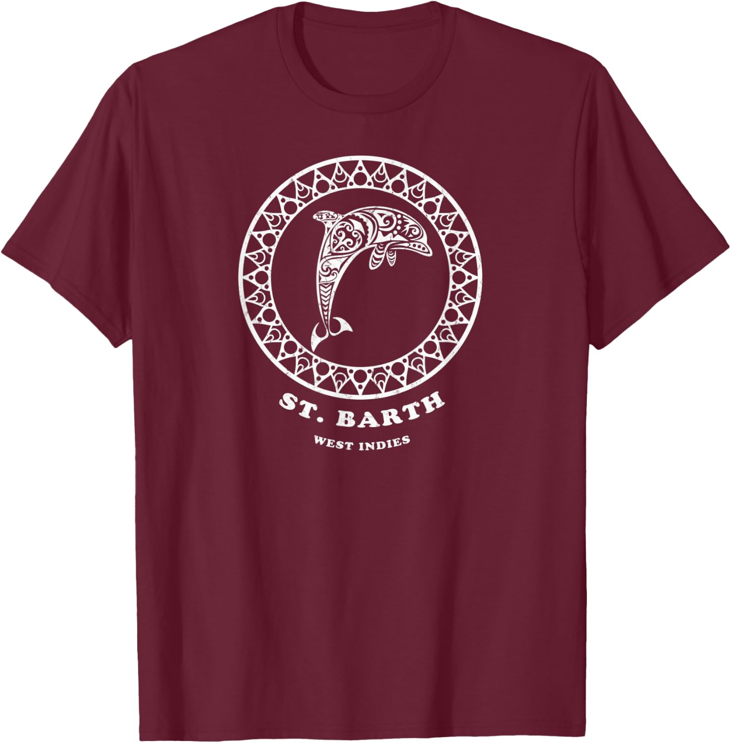 St. Barth, West Indies Vintage Tribal Dolphin Vacation T-Shirt - T-Shirt | Maroon